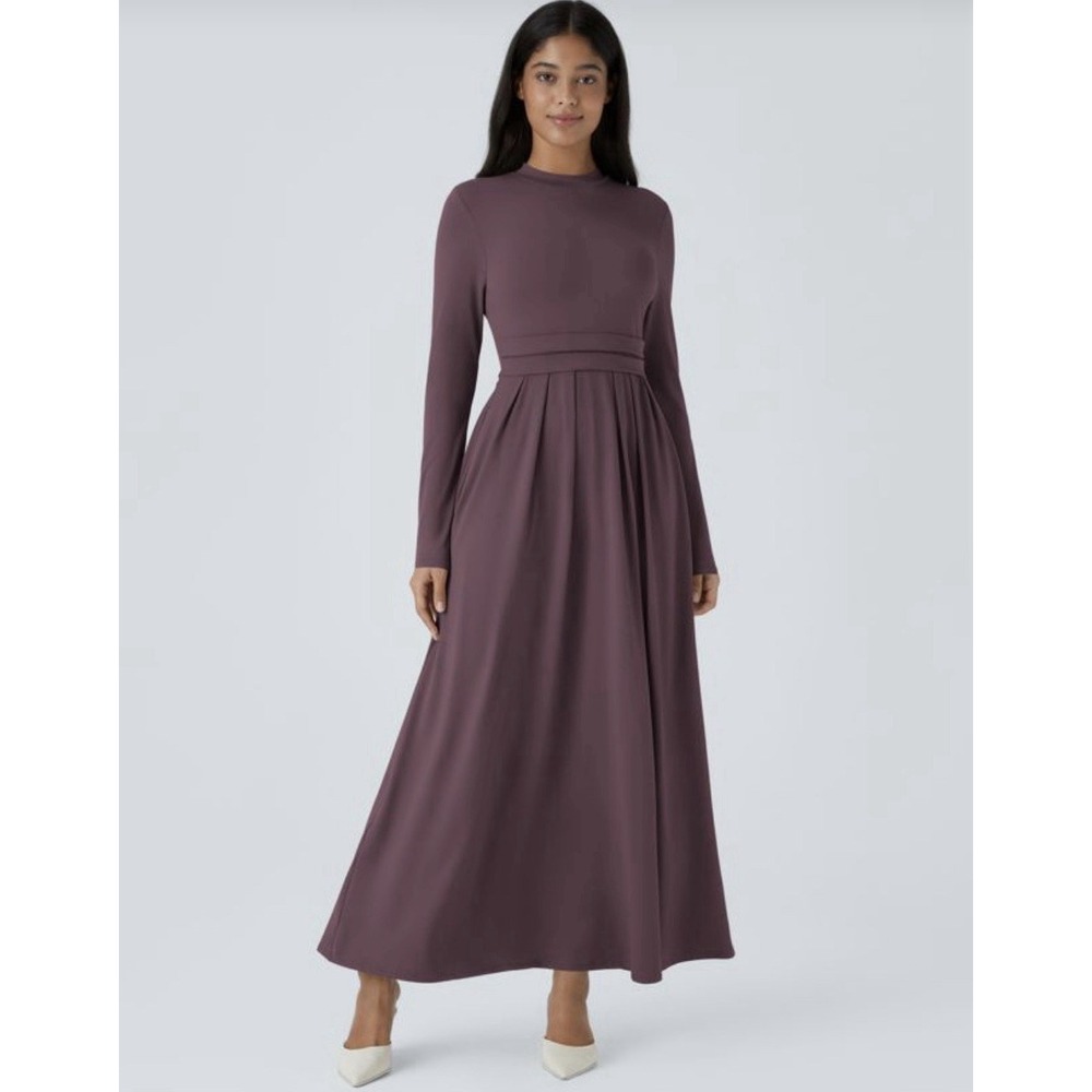 Halara Women's Mock Neck Long Sleeve Pocket Flare Maxi Dress Plum Wine Sz M